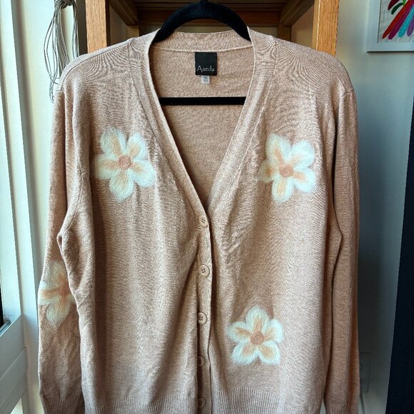 Brown Cardigan Sweater with White Felt Floral Design - Super Soft - Size XL - Picture 5 of 8
